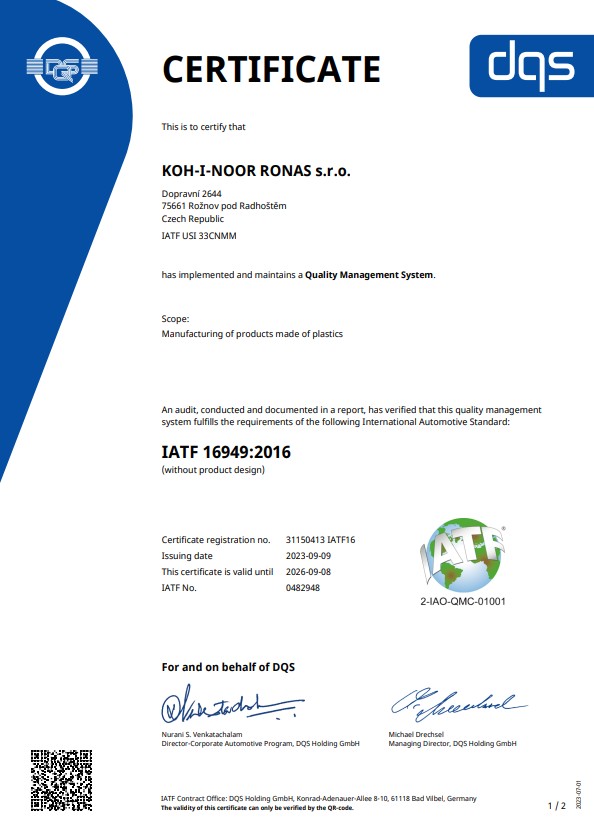 Certifikát IATF 16949:2016 - anglická verze Certifikát ISO/TS 16949:2016
