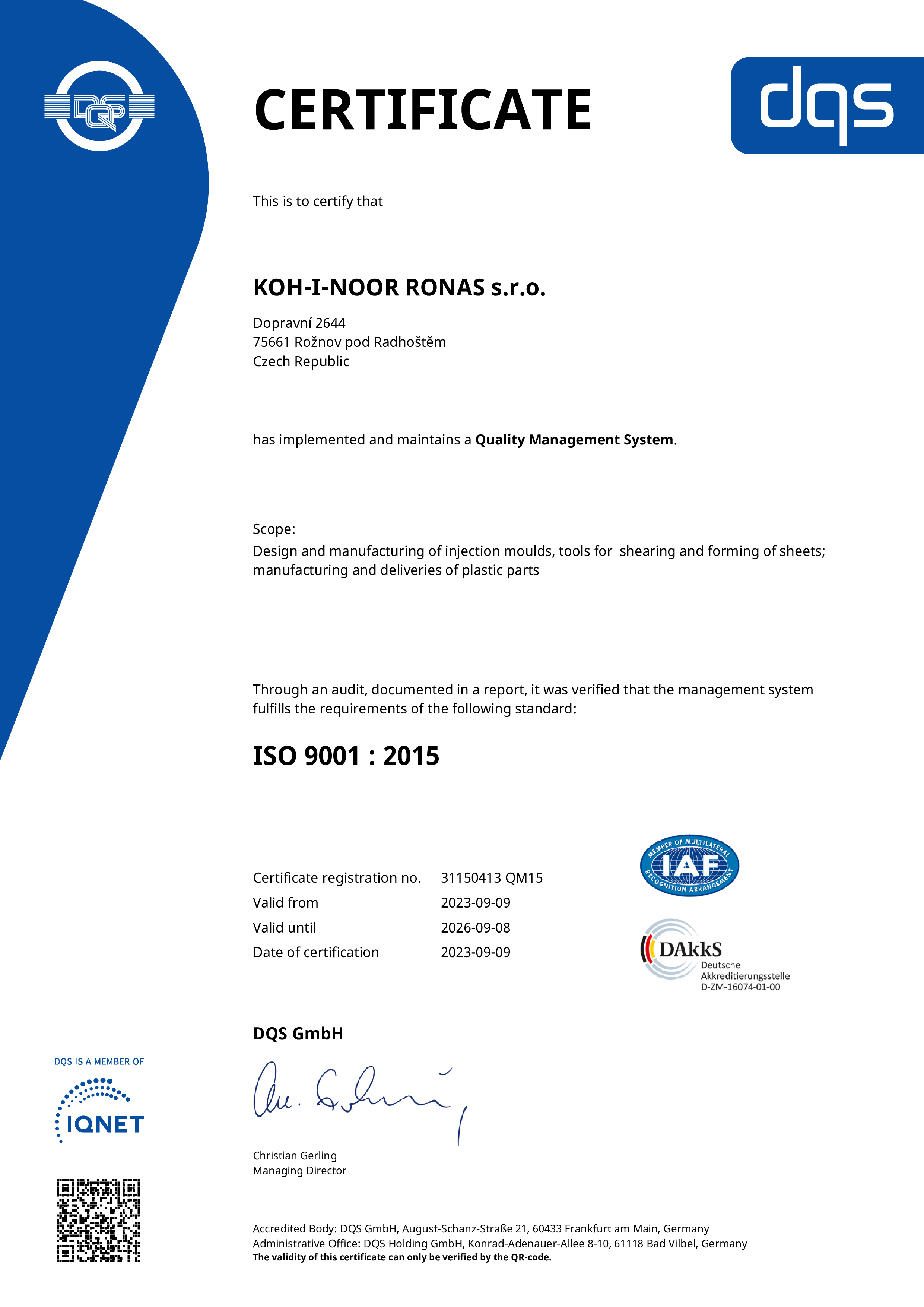 Certifikát EN ISO 9001 : 2015 - anglická verze