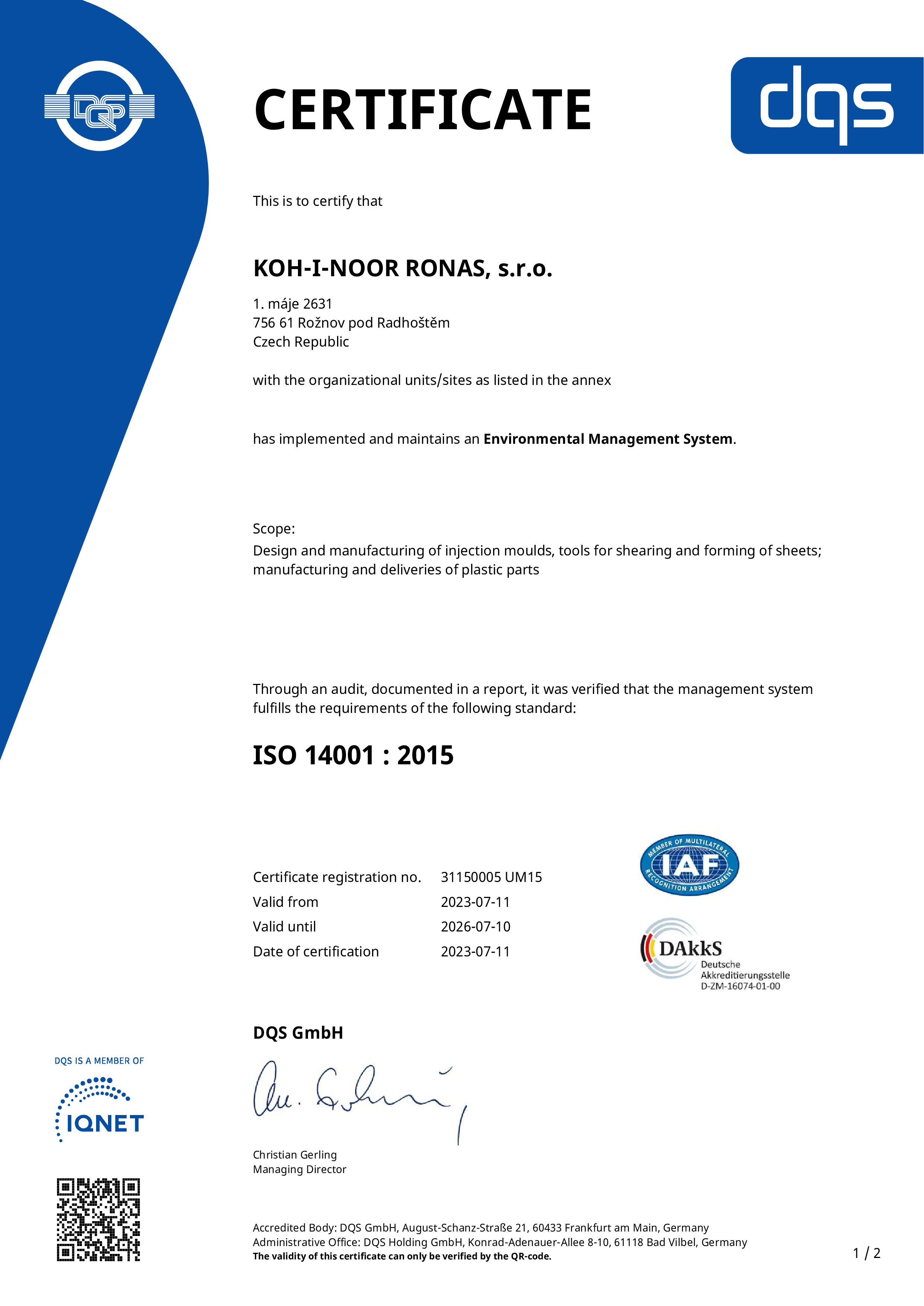 Certificate ISO 14001:2015