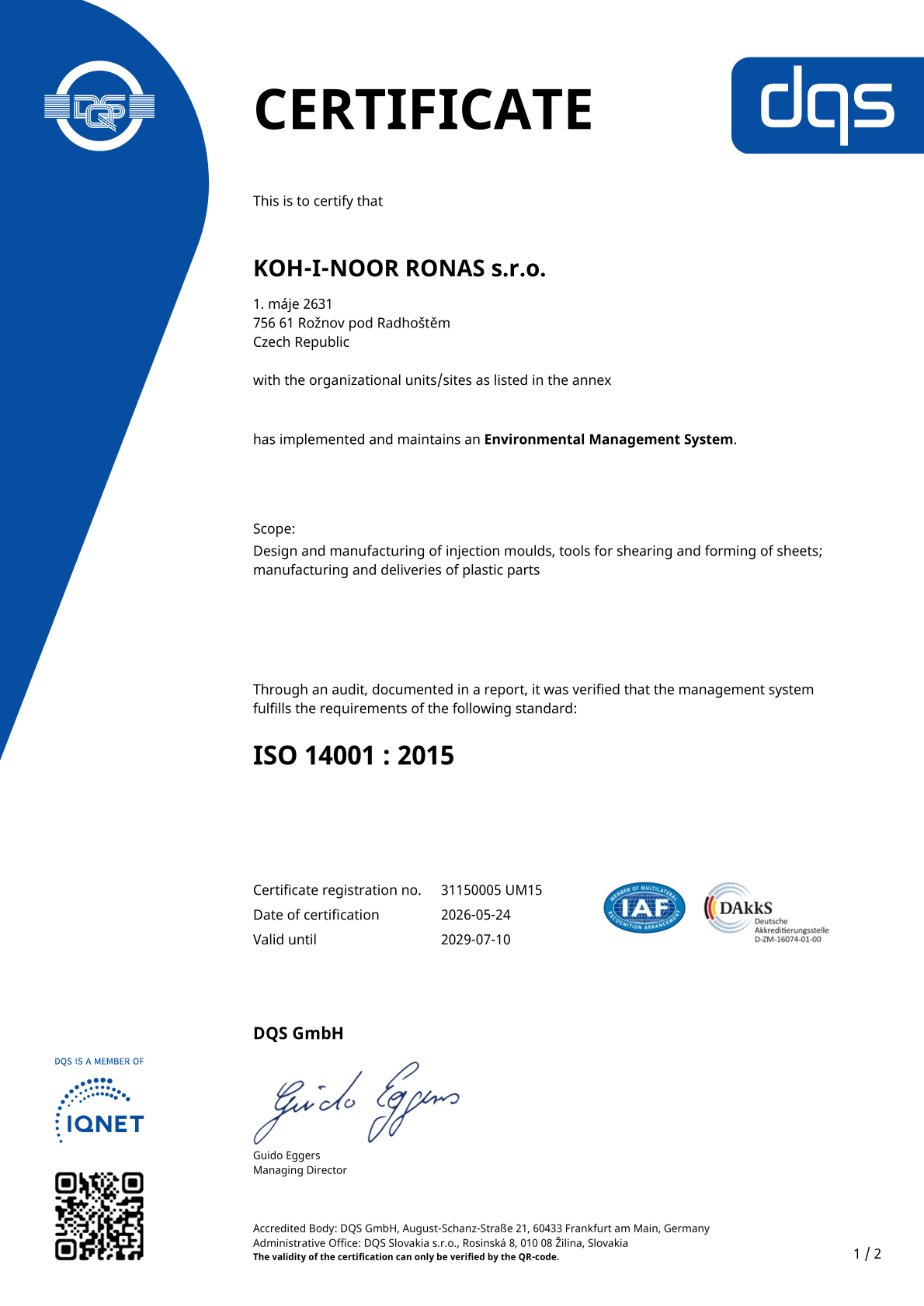 Certificate ISO 14001:2015 Certificate ISO 14001:2015