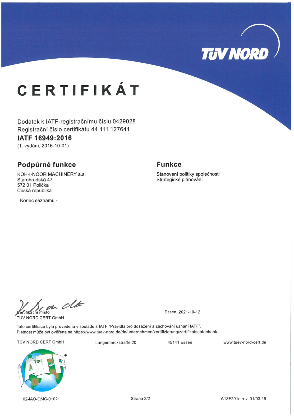 Certifikát ISO/TS 16949:2009 - anglická verze