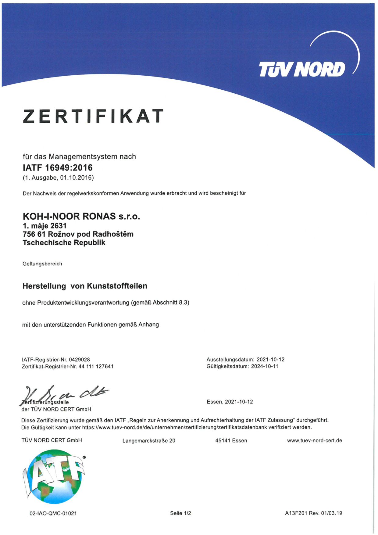 Certifikát ISO/TS 16949:2009 - anglická verze