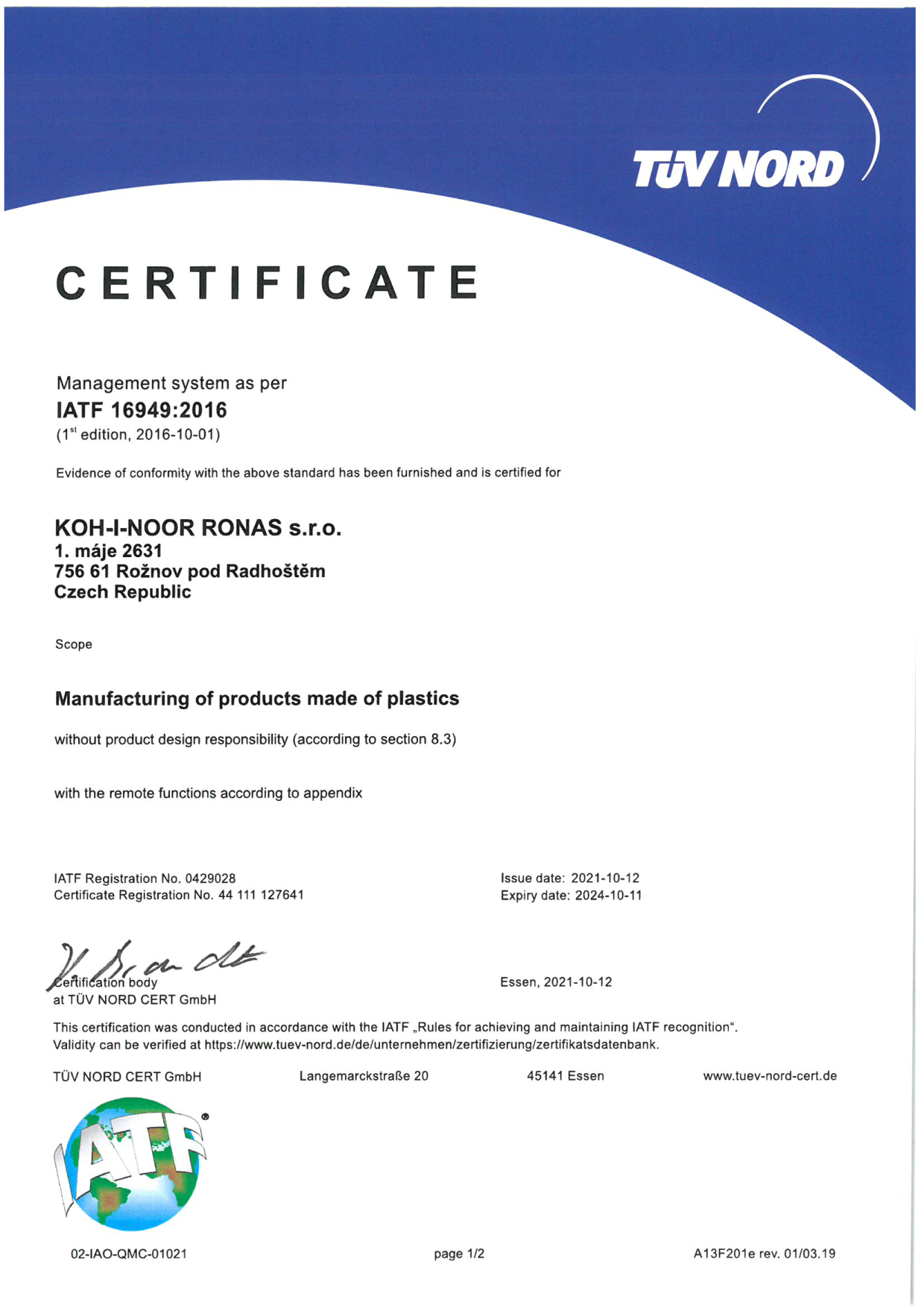 Certifikát ISO/TS 16949:2009 - německá verze