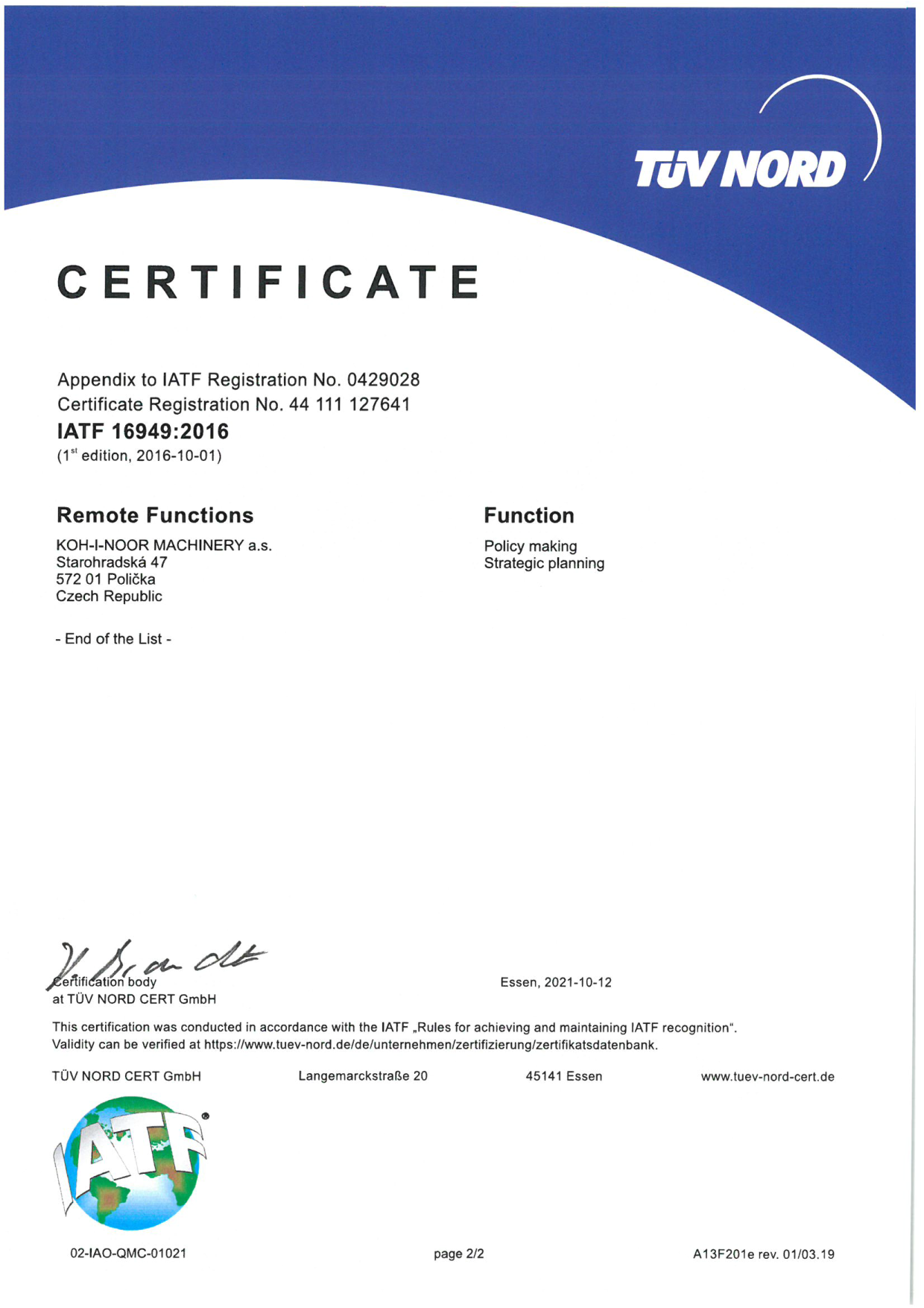 Certifikát ISO/TS 16949:2009 - english version