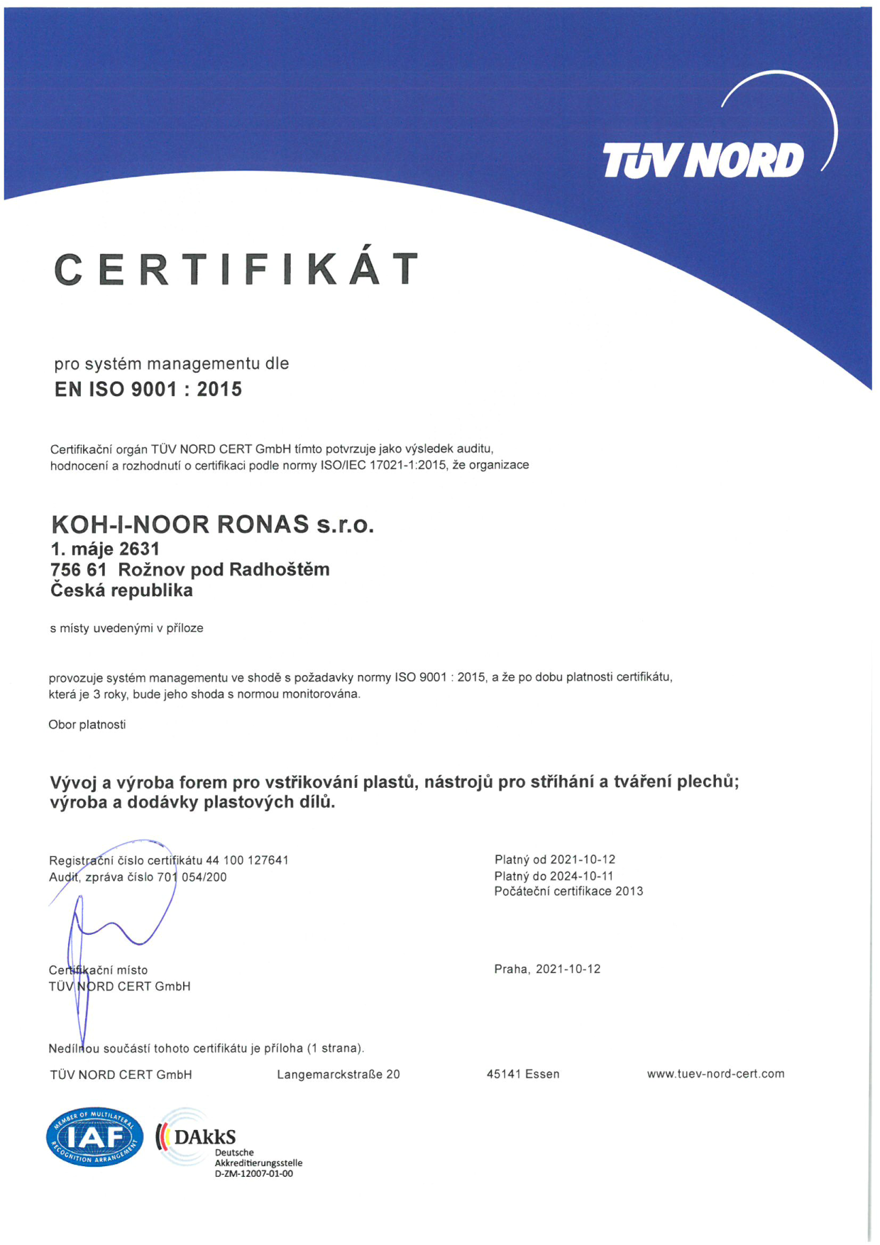 Certifikát EN ISO 9001 : 2008