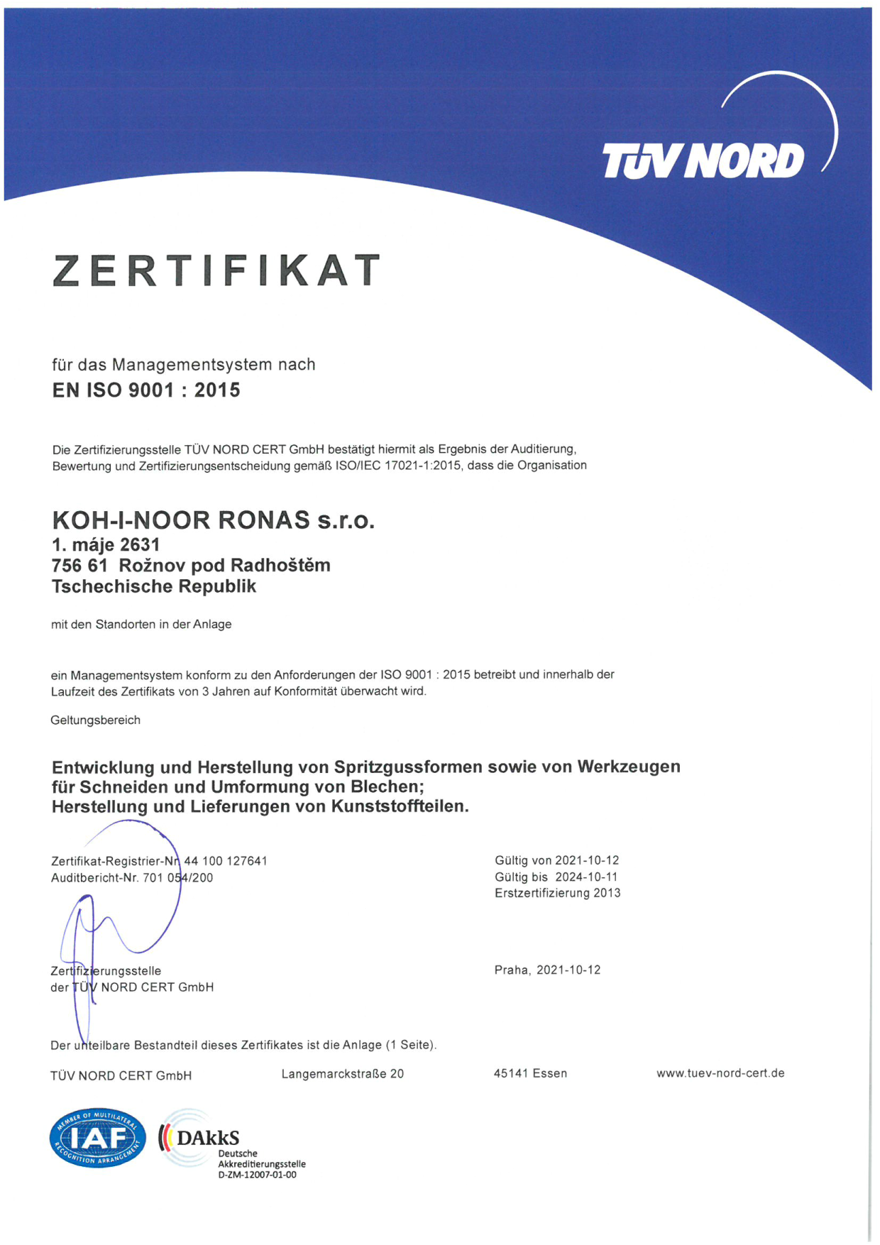 Certifikát EN ISO 9001 : 2008 - anglická verze