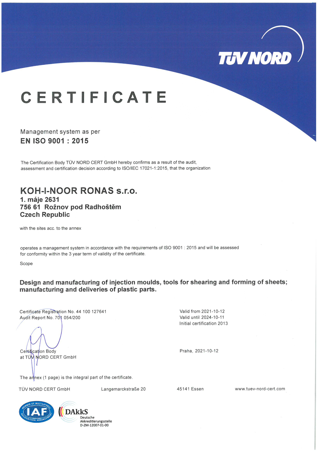 Certifikát EN ISO 9001 : 2008 - německá verze